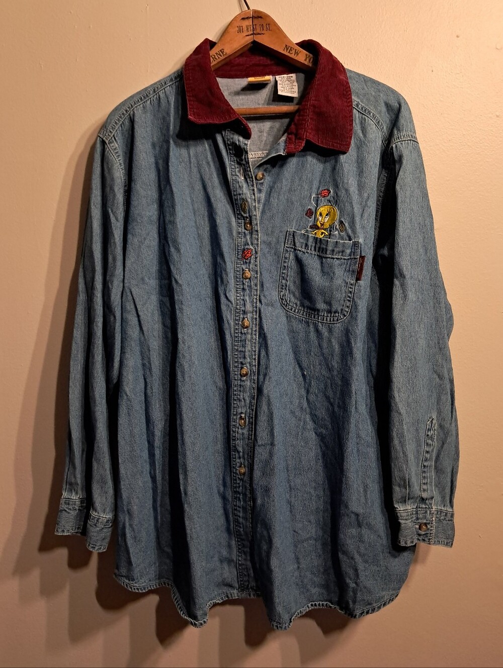 Looney Tunes Embroidered Denim Button-Up Shirt with Corduroy Collar